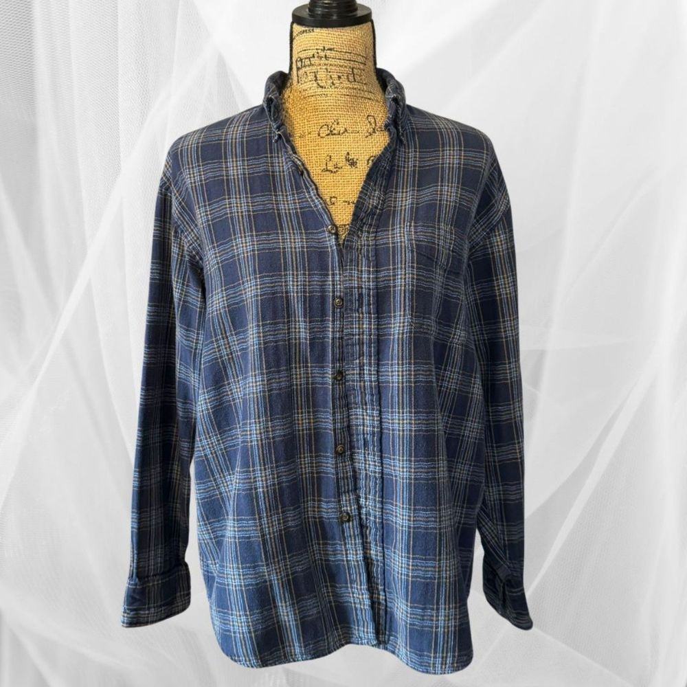 Blue/White/Yellow Accents - Vintage Flannel Shirt - Button Down w/ Collar - L